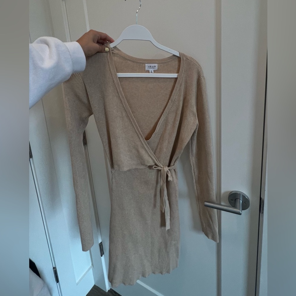 Beige Ribbed Long Sleeve Dress